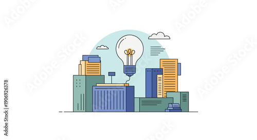 Innovative cityscape with glowing lightbulb idea