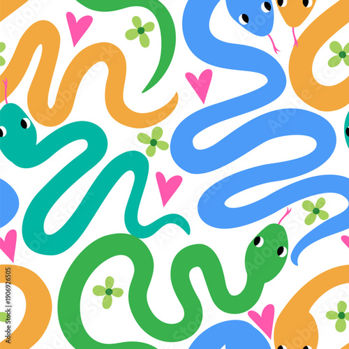 Vector seamless pattern with bright multicolored snakes