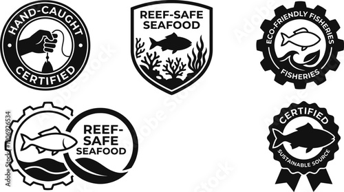 Sustainable seafood certification icons for eco friendly products