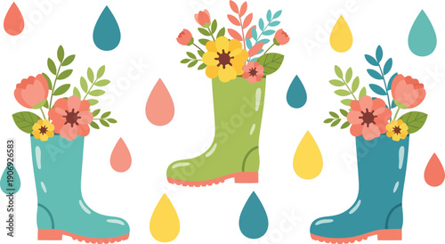 Spring floral rain boots vector clipart with colorful flowers and raindrops illustration