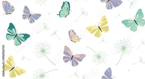 Spring butterfly vector clipart seamless pattern with pastel dandelions for fabric and wallpaper