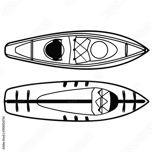 Two black and white kayak with paddlers and geometric watercraft outdoor