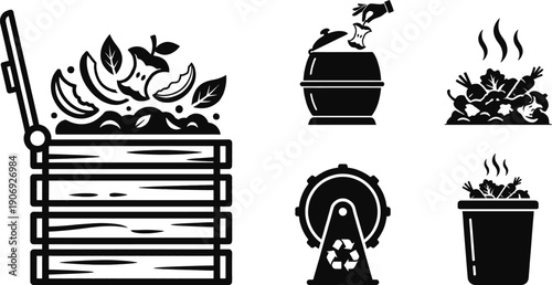 Compost bin with organic kitchen waste recycling illustration