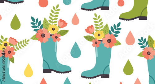 Spring floral boots seamless pattern vector clipart with rain drops and colorful flowers