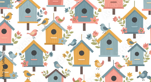 Spring birdhouse seamless pattern vector clipart with cute birds and flowers for kids decor