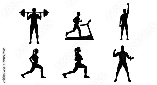 Fitness silhouettes of people exercising and lifting weights.