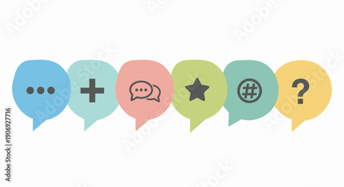 Colorful speech bubble icons with various symbols for website, app, or social media, isolated on transparent background, png