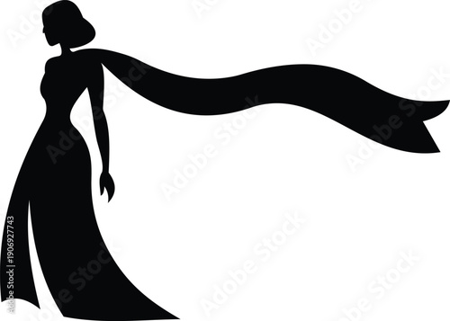 This striking illustration features a graceful silhouette of a woman in an elegant gown, adorned with a flowing cape that billows gracefully in the wind. The minimalist black design emphasizes eleganc