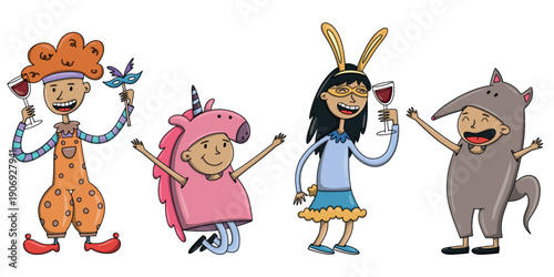 Collection of funny multicultural children in carnival costumes