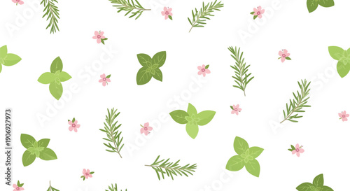 Herb and Flower Seamless Pattern Vector Clipart with Green Leaves and Pink Blossoms
