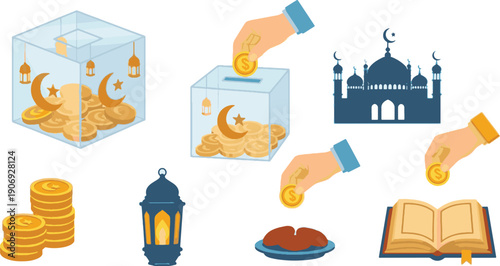 Ramadhan Kareem Charity and Giving Illustrated Collection of Islamic Holy Month Elements for Zakat and Sadaqah Offerings