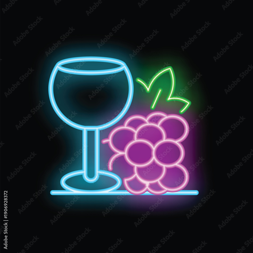 Naklejka premium Neon icon of a wine glass and grapes glowing on a black background, perfect for designs related to wine, bars, and nightlife