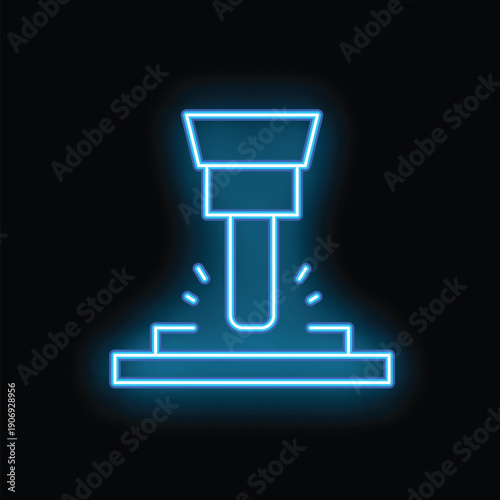 Neon glowing icon of hydraulic press crushing metal material on black background
