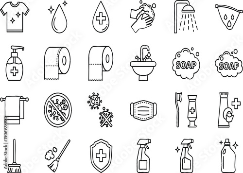 Hygiene and cleaning line icons set with soap, handwashing, shower and disinfection symbols, medical safety outline vector illustration