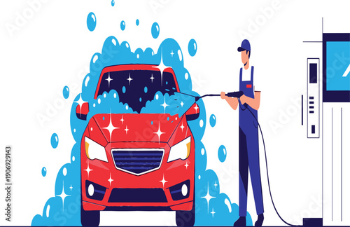 Car wash service illustration with worker cleaning red vehicle using pressure washer, modern automotive maintenance cartoon vector design