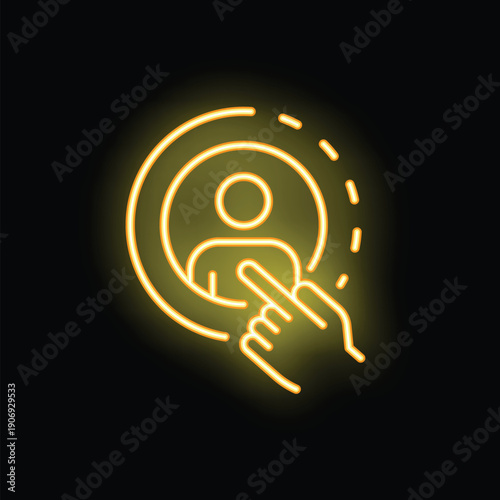 Neon style vector illustration of a hand choosing a person icon