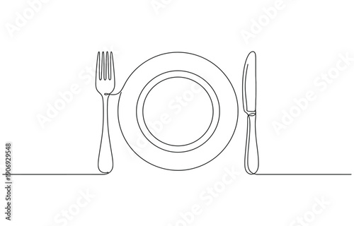 Elegant one line continuous drawing of a dinner plate, fork, and knife, symbolizing.