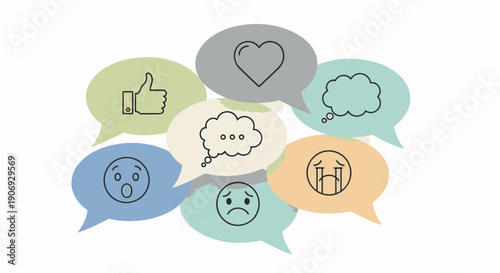 Vector social media chat bubbles with emoticons and symbols, for website or app UI, overlay effect, isolated on transparent background, png