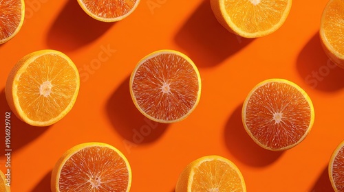 Halved oranges on vibrant orange background with shadow play.