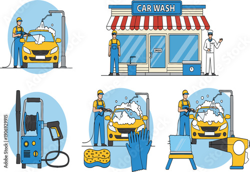 Car wash service illustration set with workers cleaning vehicles, equipment and shop exterior, professional automotive maintenance and detailing vector design