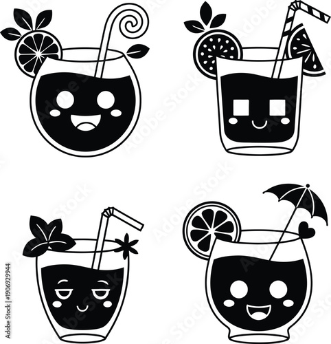 Cute kawaii cocktail character collection with funny faces and summer decorations like straw and umbrella in black silhouette style.