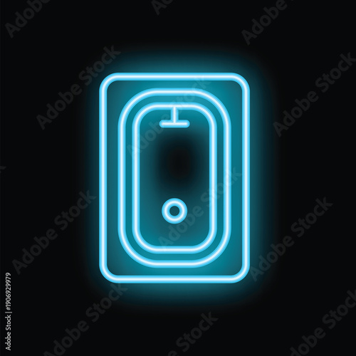 Blue neon sign icon of a light switch glowing on a black background