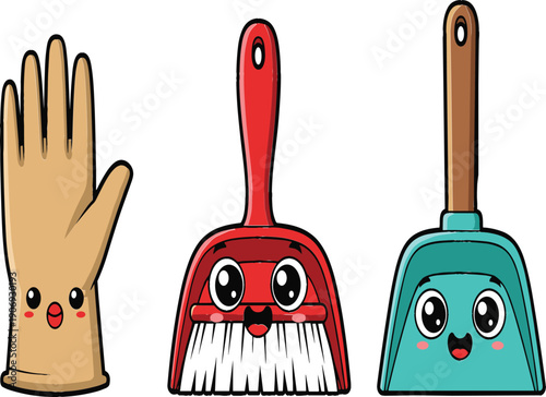 Cute kawaii cleaning tools illustration with smiling glove, brush and dustpan characters, adorable household cartoon vector design for kids