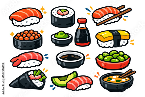 Colorful japanese sushi and food icons with maki rolls and chopsticks.