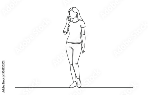 Woman talking on mobile phone in continuous line art drawing style.
