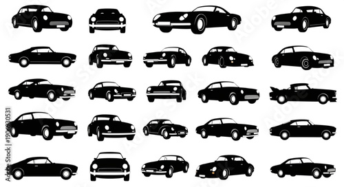 Collection of vintage car silhouettes in various poses.