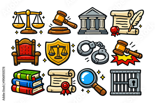 Colorful legal icons: gavel, scale, court building, scroll, handcuffs, books.