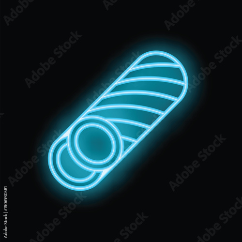 Blue neon sign of a rolled up sleeping bag glowing on dark background