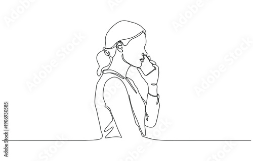 Woman talking on mobile phone in continuous line art drawing style.