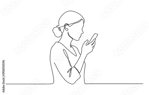 Woman talking on mobile phone in continuous line art drawing style.