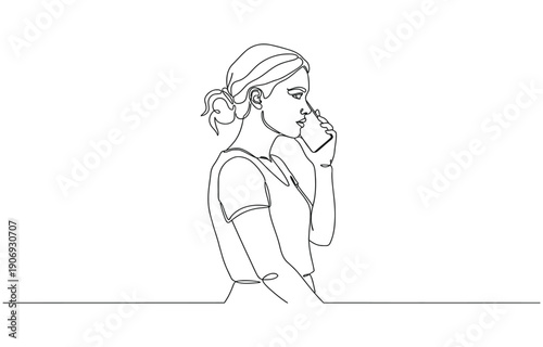 Woman talking on mobile phone in continuous line art drawing style.