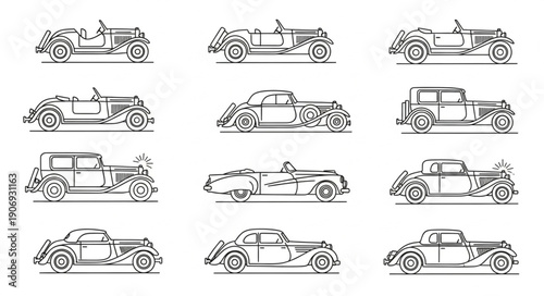 Collection of vintage automobile line drawings.
