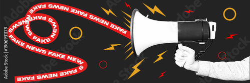 Halftone pop art dot megaphone announcing fake news with red caution tape on black background vector illustration