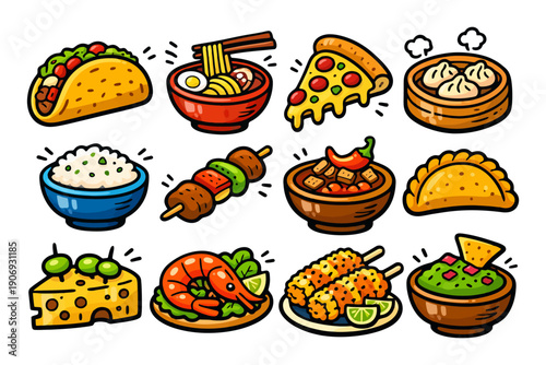 Colorful assortment of cartoon international foods featuring pizza, tacos, dumplings, and more.