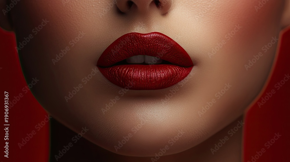 Obraz premium Close-Up of Beautiful Lips with Bold Red Lipstick Against a Smooth, Soft Background Showcasing Glamorous Beauty and Fashion Aesthetic