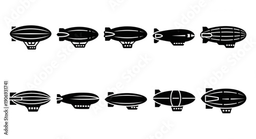 Collection of vintage blimp and airship icons.