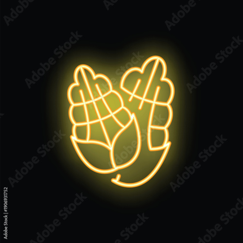 Yellow neon icon of corn cobs glowing on black background