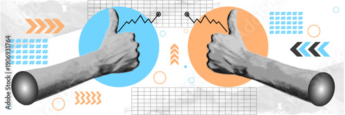 Halftone pop art dot hands showing thumbs up gesture with colorful geometric shapes and arrows vector illustration