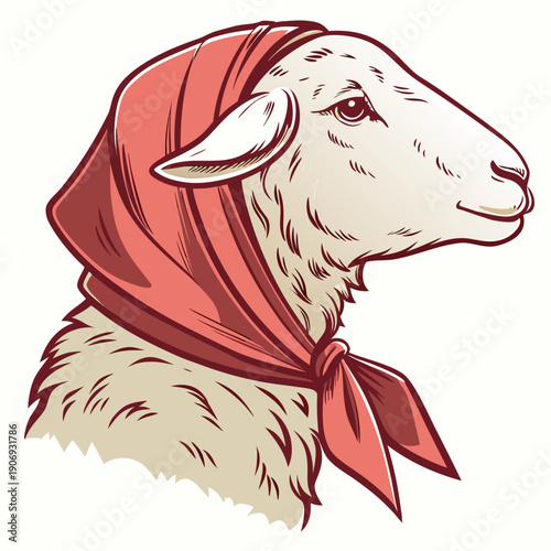 White sheep wearing red babushka headscarf portrait, vintage farm animal illustration.
