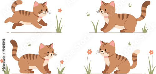 Cute Cat Cartoon Character Illustration Set with Walking and Sitting Poses, Adorable Kitten Mascots, Nature Flowers, and Friendly Flat Vector Design