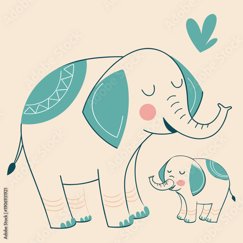Mother elephant and baby calf illustration, family love and animal companionship cartoon.