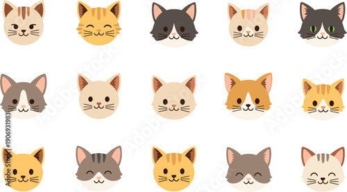 Cute Cat Face Emoji Illustration Set with Different Colors and Expressions, Adorable Kitten Avatars, Pet Emotions, and Friendly Flat Vector Design