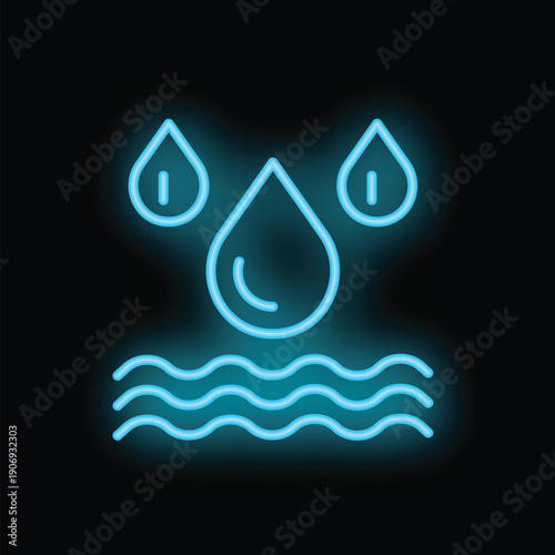 Glowing blue neon icon of water drops falling down and creating waves on water surface