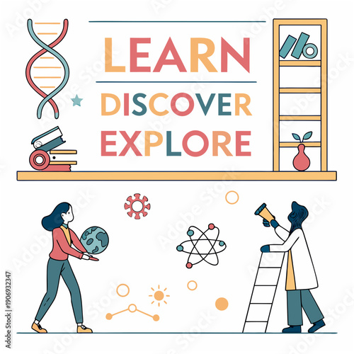 "Science and education wall mural with students learning and discovering in classroom illustration."