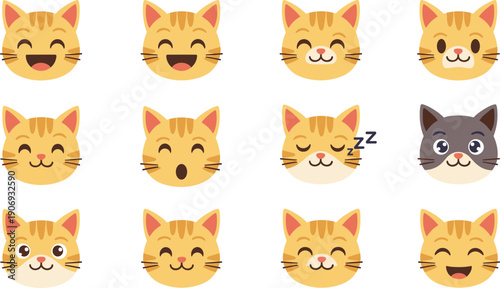 Cute Cat Face Emoji Illustration Set with Happy Sleeping and Funny Expressions, Adorable Kitten Emotions, Cartoon Pet Avatars, and Flat Vector Design