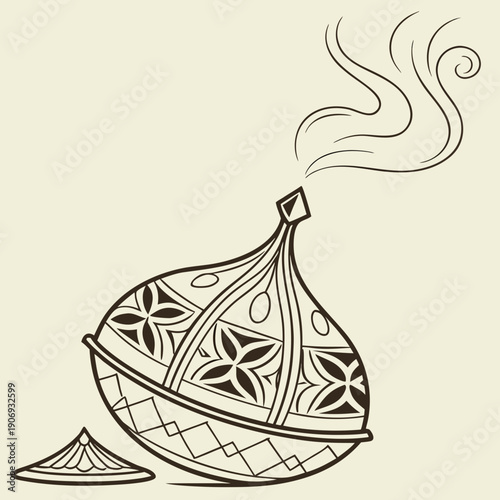 Luxury golden mabkhara incense burner with smoke, Arabic traditional culture and fragrance